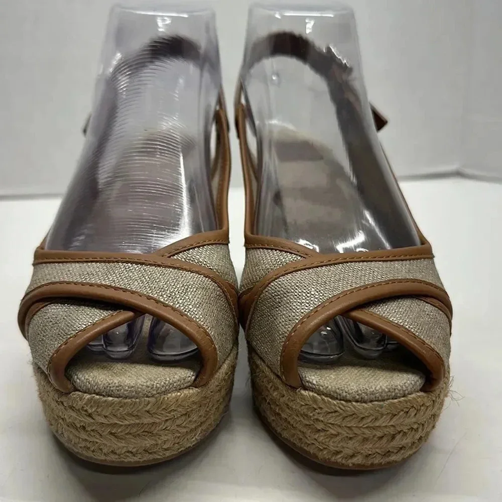 Tory Burch Mya Espadrille Wedge Heels Pump Peep Toe Slingback Brown Sparkle 7